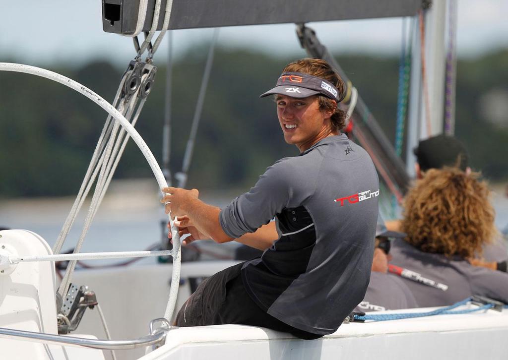 Skipper David Gilmour of Team Gilmour looks back during an upwind leg in light air while competing in the Oakcliff International on the second day of competition, in Cold Spring Harbor near Oyster Bay, NY on September 6, 2013. © 2013 Molly Riley/Oakcliff